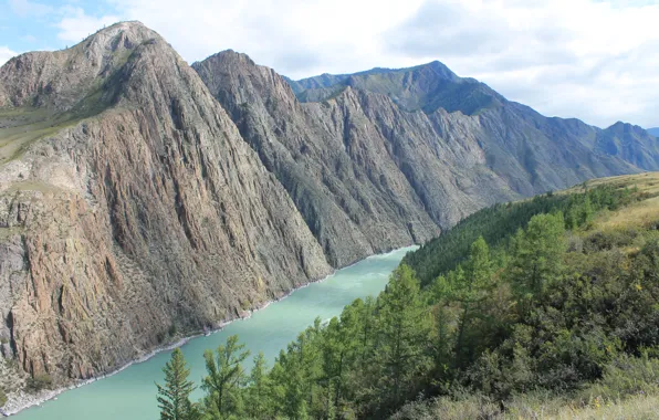 Greens, the sky, water, mountains, river, rocks, view, Russia