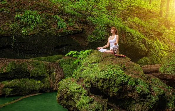 Greens, forest, water, girl, trees, nature, pose, stones