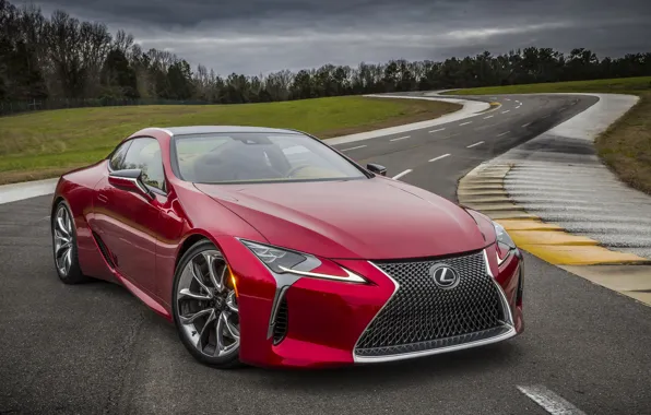 Road, car, machine, trees, clouds, Lexus, red, car