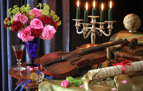 Notes, violin, watch, glass, books, roses, bouquet, candles