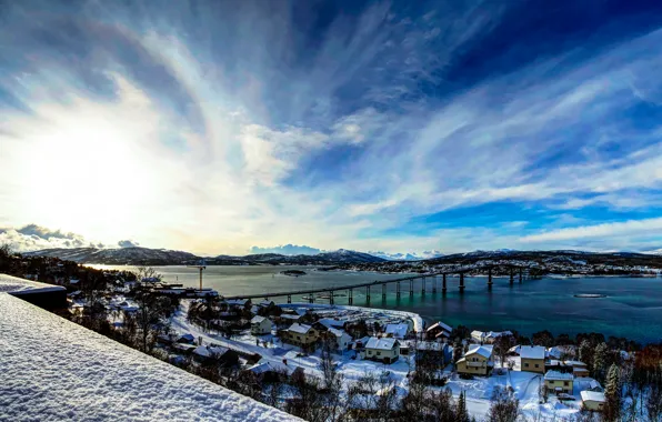 Picture winter, the sky, clouds, snow, trees, mountains, bridge, home