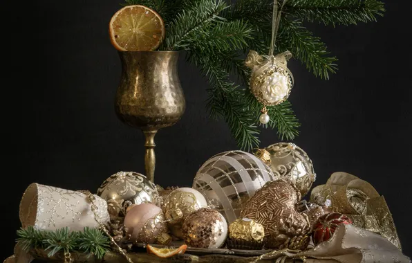 Balls, decoration, background, balls, glass, Christmas, New year, spruce branch