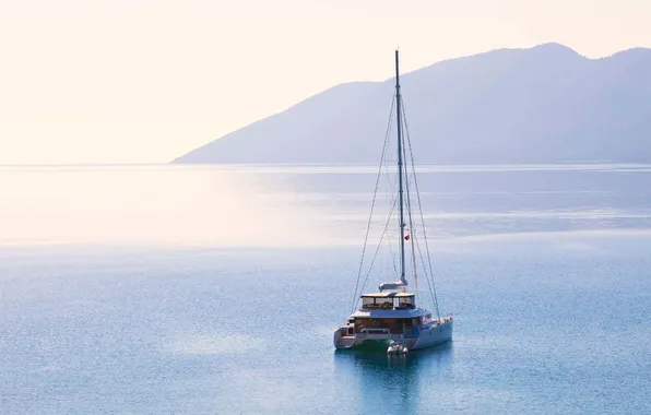 Sea, fog, coast, morning, yacht, calm, mast, catamaran