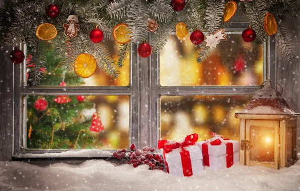 Picture winter, snow, decoration, New Year, window, Christmas, gifts, Christmas