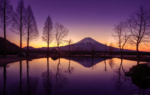 The sky, water, reflection, trees, mountain, spring, morning, Japan