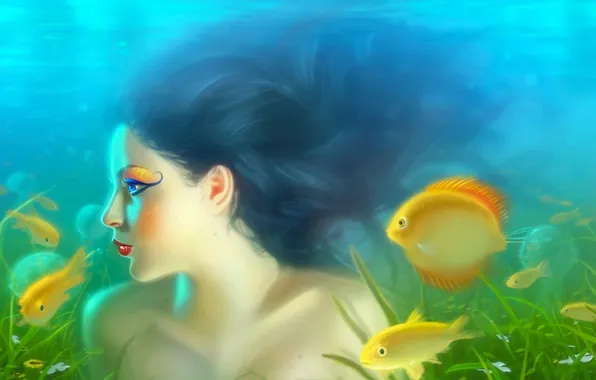Picture GIRL, HAIR, The WORLD, UNDERWATER, FIGURE, FACE, FISH, YELLOW