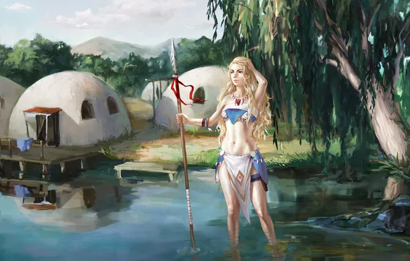 Girl, river, blonde, spear, hunter, settlement