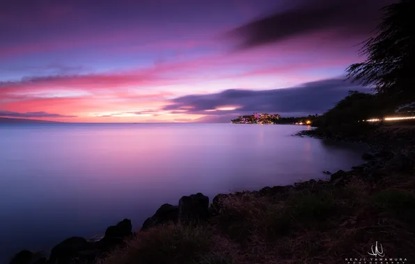 Sunset, the city, the ocean, Hawaii, photographer, the island of Maui, Kenji Yamamura