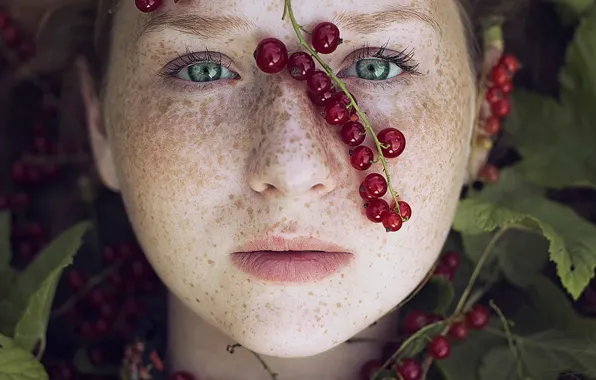 Macro, girl, freckles, red currant