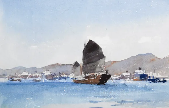 Picture, watercolor, seascape, Edward Seago, Junk. Hong Kong