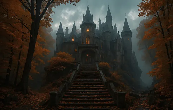 Picture autumn, forest, trees, clouds, lights, fog, castle, overcast