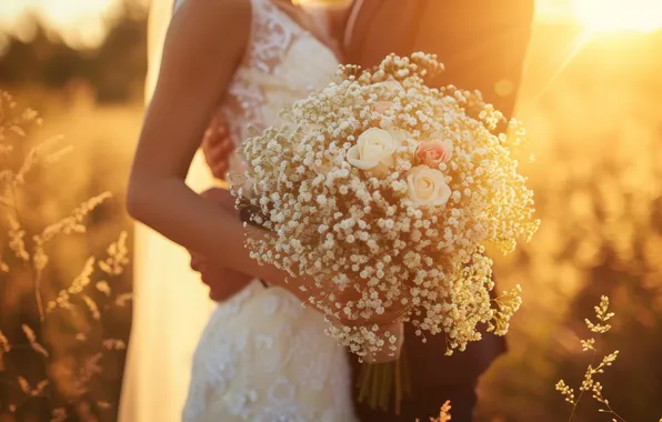 Love, flowers, holiday, roses, bouquet, pair, the bride, wedding