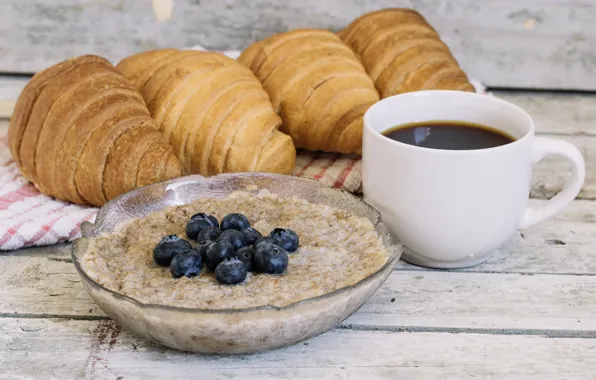 Coffee, food, Breakfast, blueberries, bread, cereal, croissant