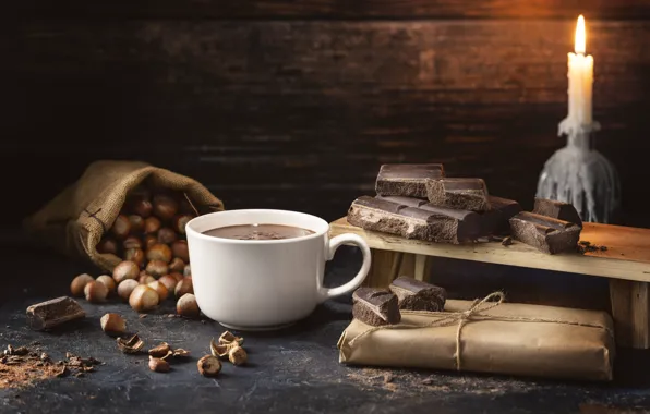 Board, coffee, chocolate, candle, mug, Cup, drink, nuts