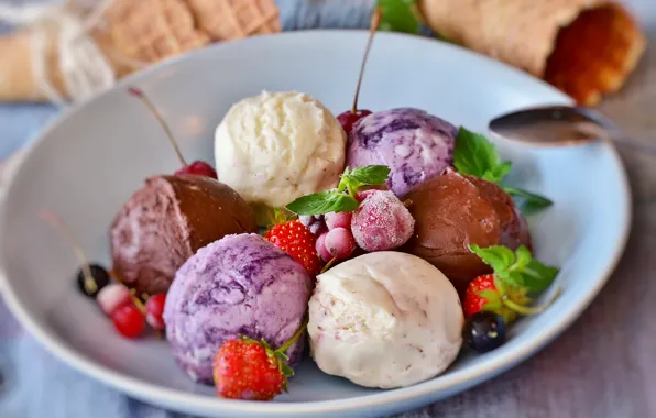 Balls, cherry, berries, table, strawberry, spoon, ice cream, black