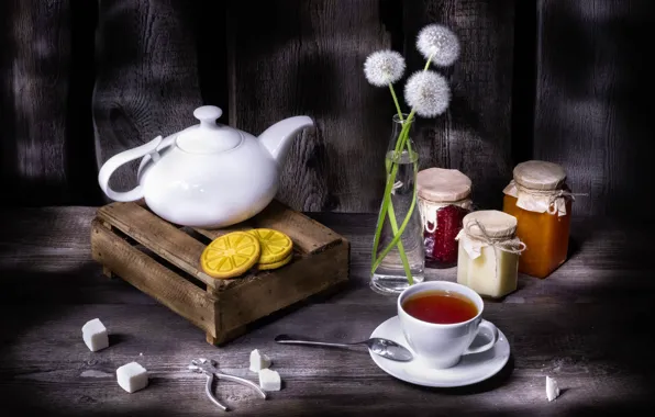 Flowers, tea, bottle, kettle, cookies, spoon, the tea party, Cup