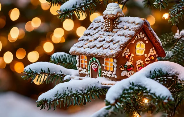 White, Snow, House, New year, Tree, Christmas tree toy, Tense