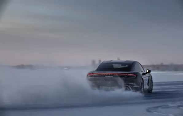 Picture snow, black, ice, Porsche, back, track, 2020, Taycan