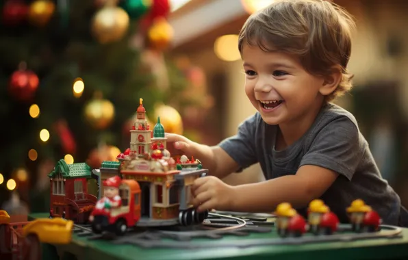 Joy, lights, smile, house, the game, toys, boy, Christmas