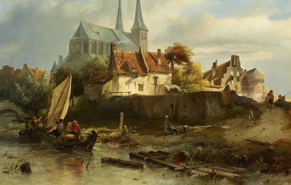 Picture Dutch artist, oil on canvas, St Nicholas Church in Deventer in stormy weather, Salomon Leonardus …