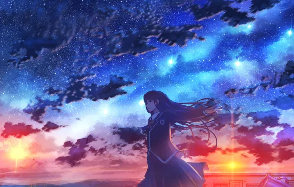 Picture sunset, the city, schoolgirl, starry sky
