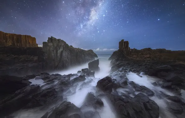 Sea, night, fog, stones, rocks, shore, The milky way