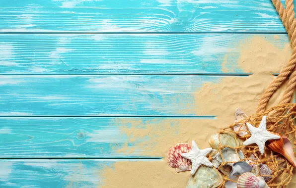Sand, beach, summer, stars, shell, summer, beach, wood