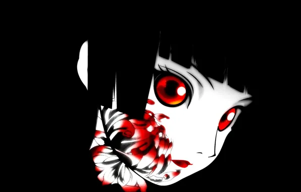 Picture void, darkness, red eyes, black hair, art, bloody, chrysanthemum, Enma Ai