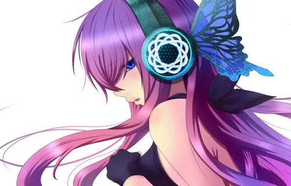 Girl, butterfly, wings, headphones, art, vocaloid, megurine luka, Vocaloid