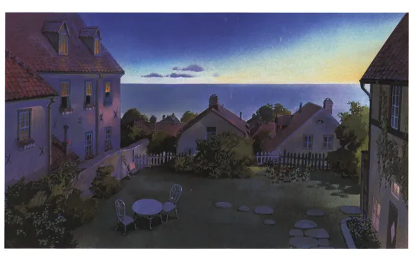 Sea, table, the fence, chairs, home, the evening, the bushes, patio