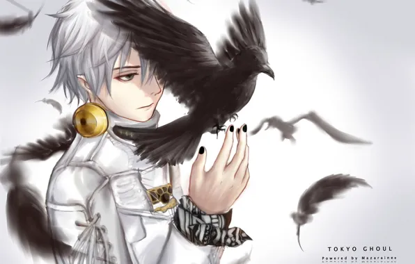 Birds, anime, feathers, headphones, art, guy, crow, tokyo ghoul