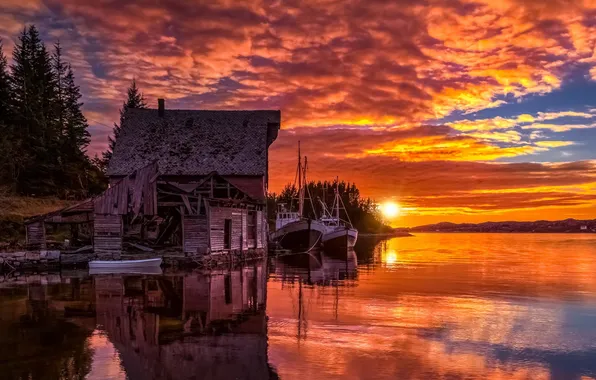 Sunset, lake, ship