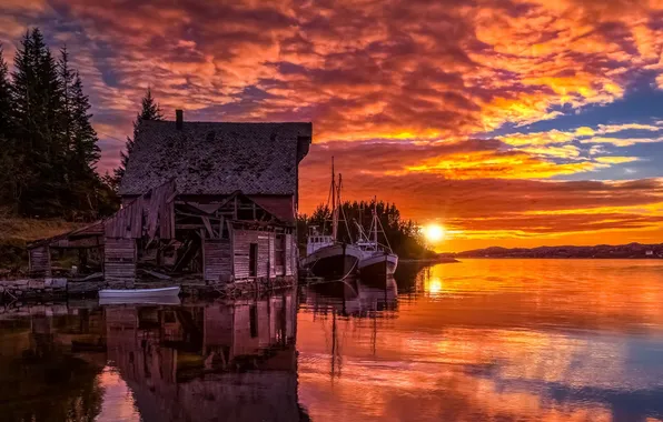 Picture sunset, lake, ships