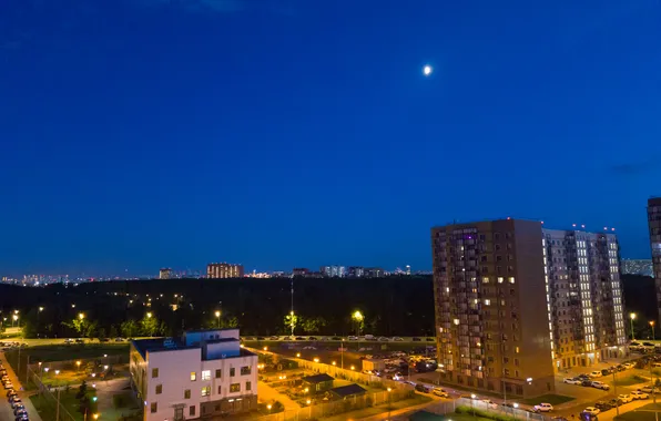 The sky, night, the city, the moon, building, home, lighting, lights