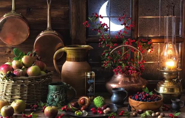 Berries, apples, lamp, still life, chestnuts