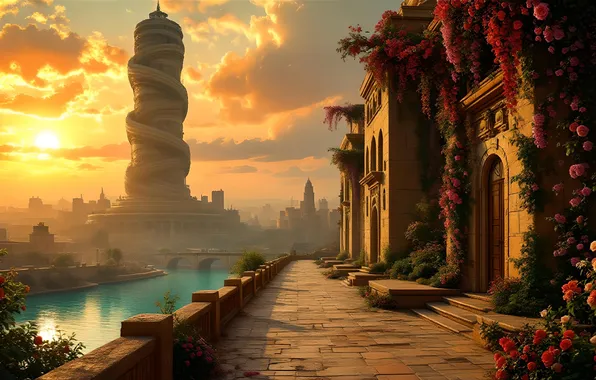The sky, the sun, clouds, fog, castle, shore, tile, tower