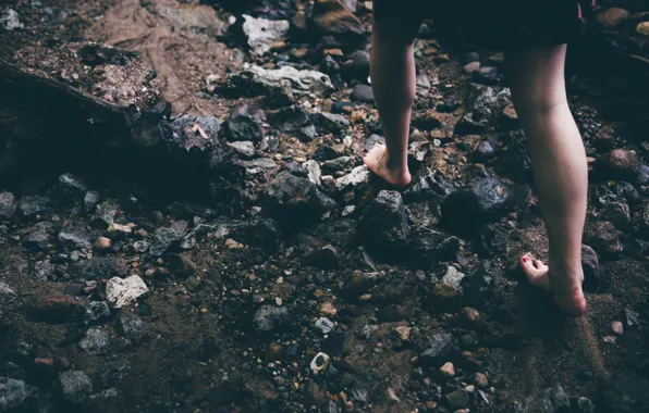 Girl, stones, feet, barefoot, is