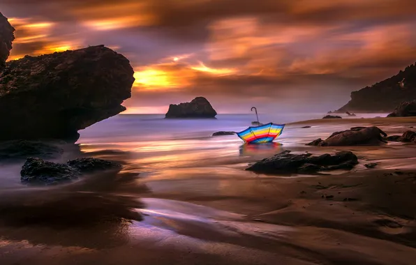 Sea, the sky, sunset, clouds, stones, rocks, shore, the evening