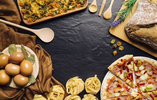 Food, eggs, bread, pizza, pasta