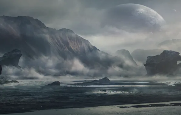 Mountains, shore, Bay, planet