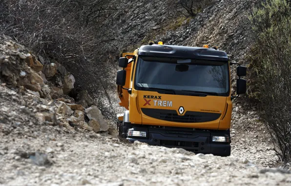 Orange, stones, truck, Renault, the ground, dump truck, 8x4, four-axle