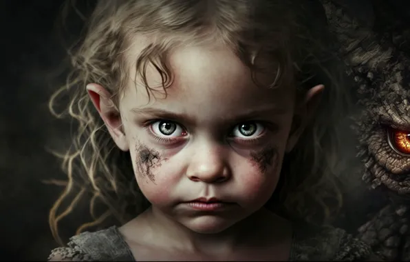 Eyes, look, face, the dark background, rendering, dragon, graphics, child