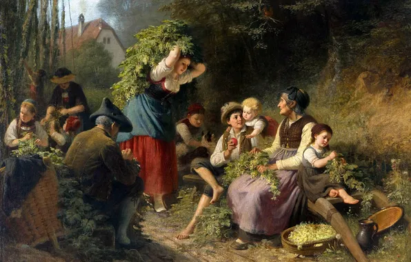 People, Picture, Hops, German artist, Rudolf Epp, Rudolf Epp, Collecting hops