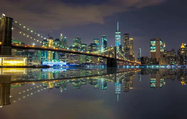 The sky, water, night, bridge, lights, reflection, river, building