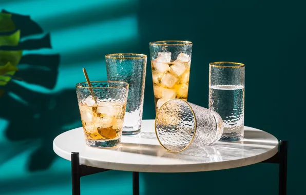 Glass, leaves, light, table, glasses, spoon, cocktail, shadows