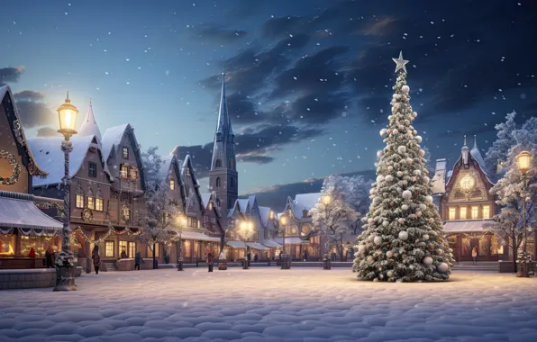 Winter, snow, decoration, night, the city, lights, street, tree