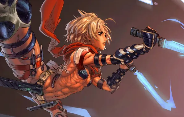 Jump, Girl, armor, scarf, twine, swords, equipment