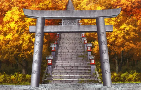 Japan, lights, ladder, characters, visual novel, autumn trees, torii gate, Surah Of The Digit