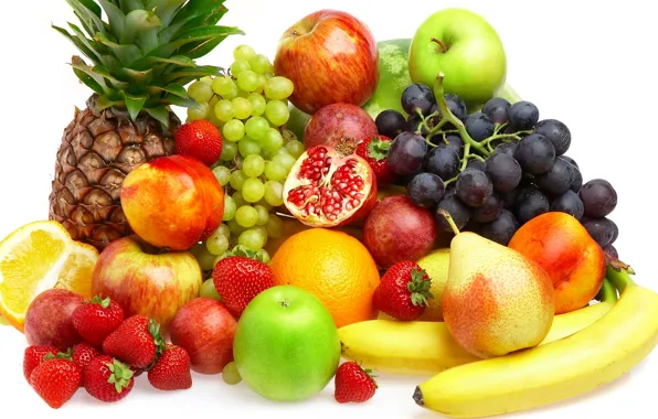 Picture berries, apples, orange, strawberry, grapes, bananas, fruit, pineapple