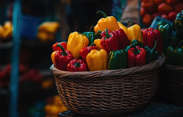 Yellow, red, green, the dark background, basket, harvest, pepper, basket